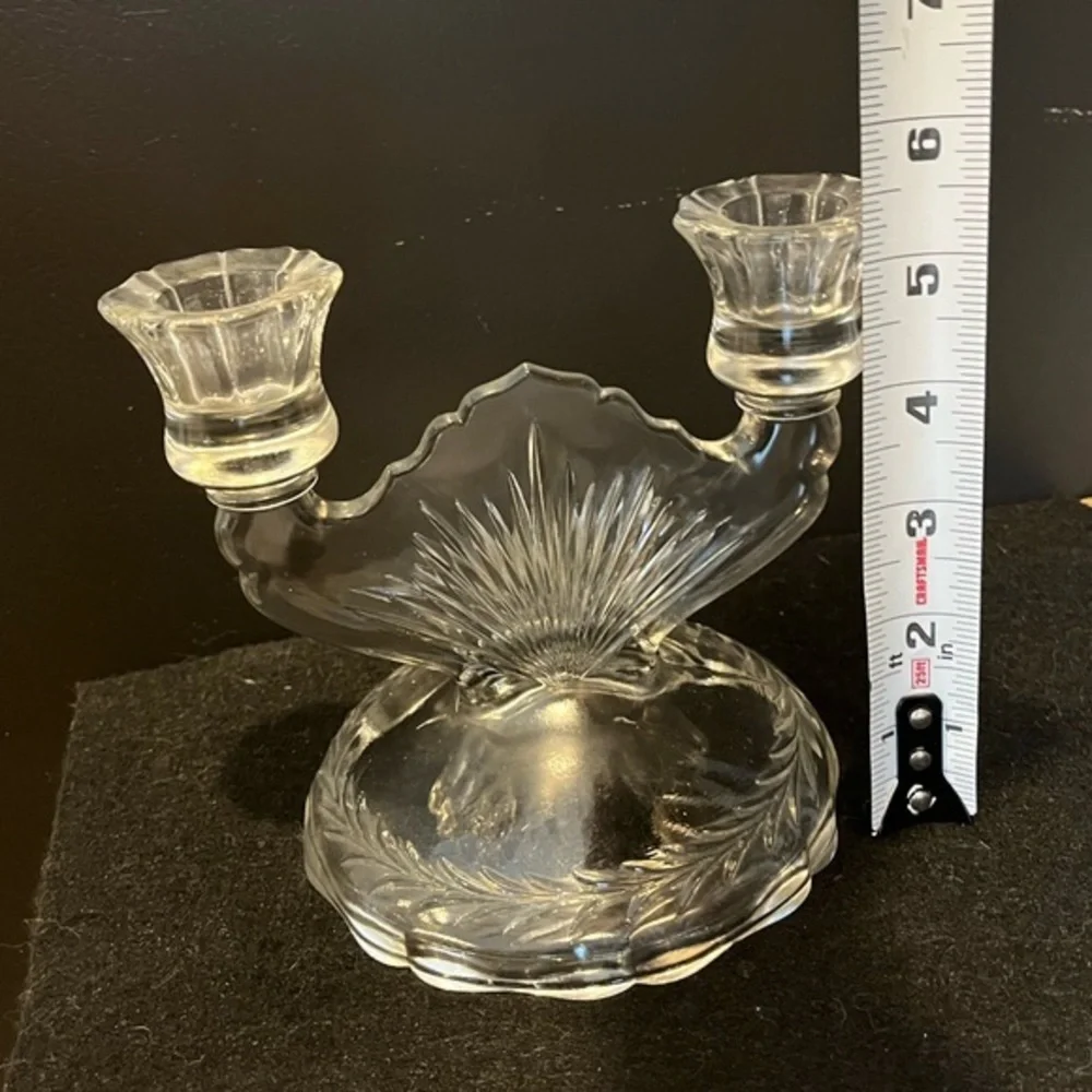 Vintage Clear Jeanette Glass Double Candlestick Sunburst Herringbone Set of Two